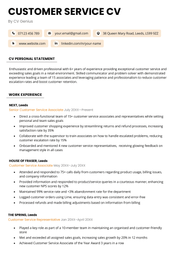 Customer Service CV Example Free UK Template