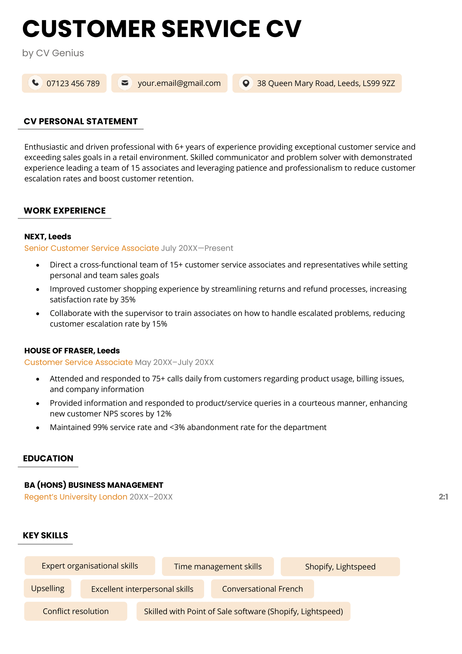 The first page of an orange customer service CV highlighting the applicant's name, and work experience entries.