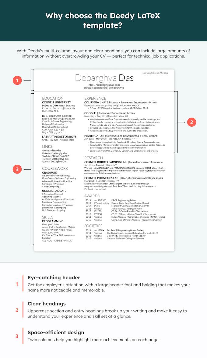 A simple, modern CV template that is typeset using LaTex and features annotations pointing out key selling points.