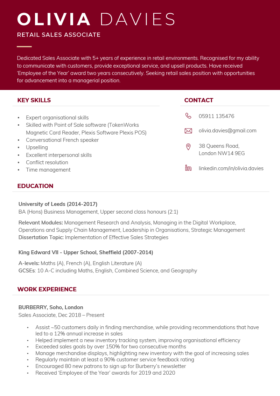 The "Dynamic" CV Template in burgundy