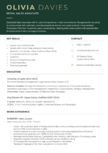 The "Dynamic" CV Template which features a very bold header in dark green with gold font highlighting the candidate's name, title, and personal statement. Below the green header each section is punctuated by dark green section headers and divided by gold lines between them.