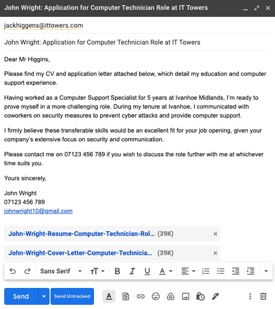 sample application letter by email