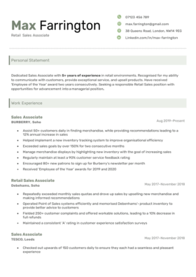 Green version of the Executive CV template