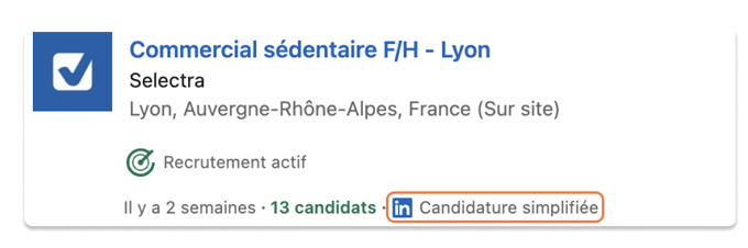 un exemple d'une offre d'emploi sur LinkedIn avec l'option de Candidature simplifiée entourée en rouge