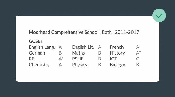 Example showing GCSEs in a CV's education section.