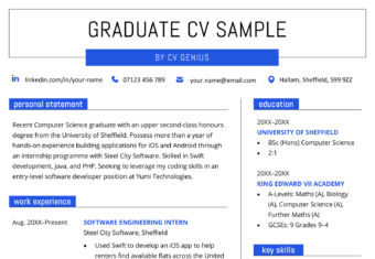 An example of the first page of a graduate CV with a bold header and sections for the applicant's personal statement, contact information, key skills, education, and work experience