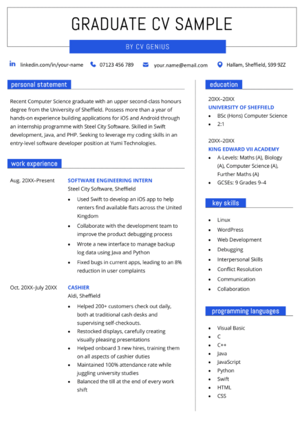 An example of the first page of a graduate CV with a bold header and sections for the applicant's personal statement, contact information, key skills, education, and work experience.