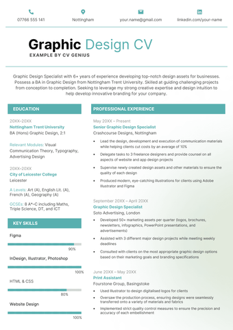 An example of a graphic designer CV with a teal and white background and skills bars to indicate the applicants competency in different areas.