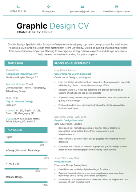An example of a graphic designer CV with a teal and white background and skills bars to indicate the applicants competency in different areas.