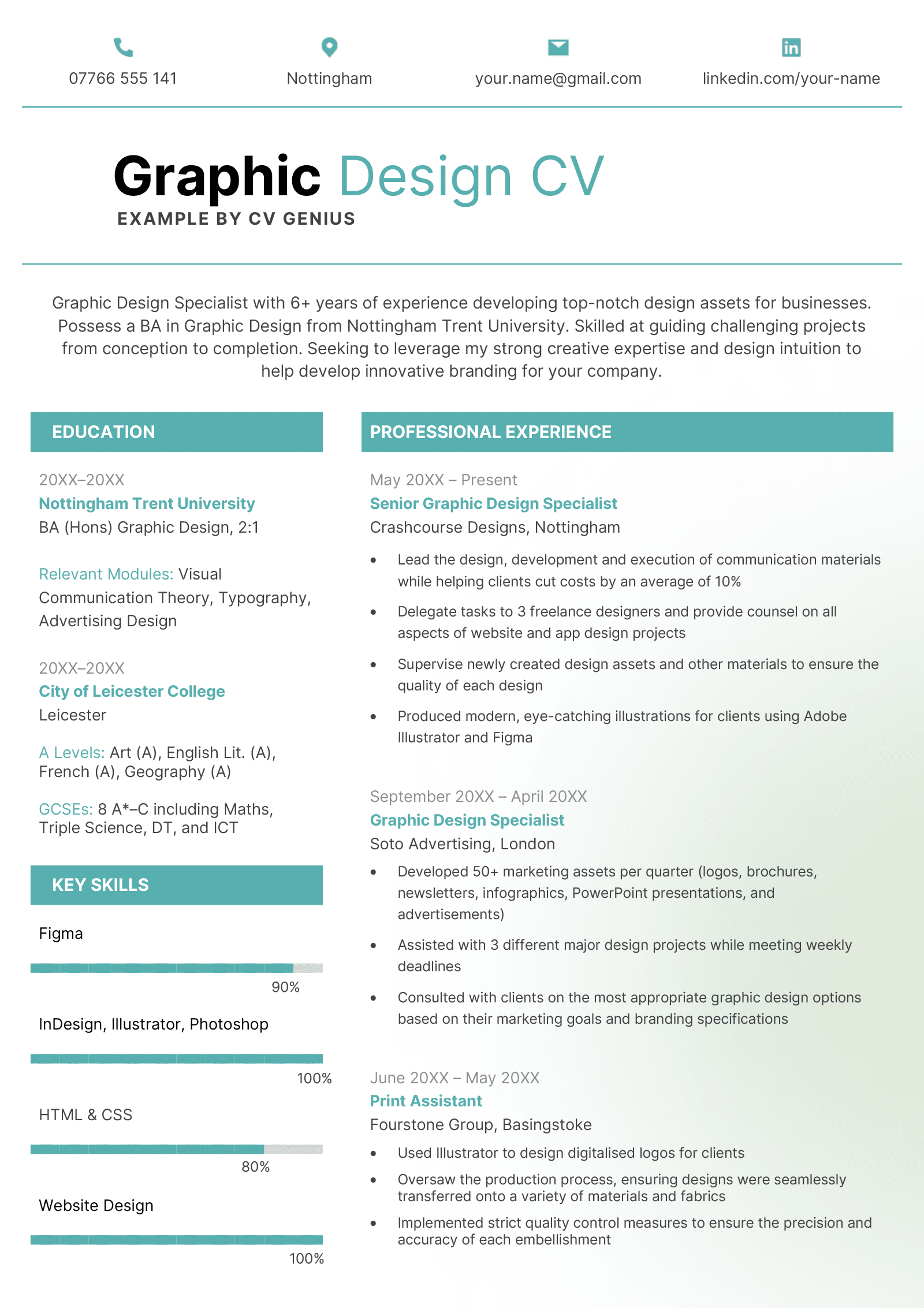 An example of a graphic designer CV with a teal and white background and skills bars to indicate the applicants competency in different areas.