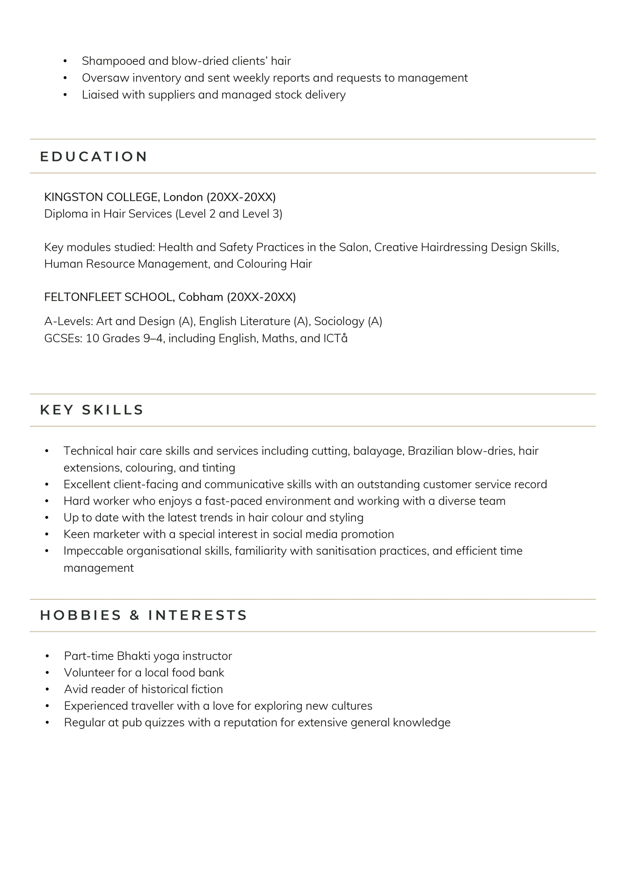 The second page of a hairdressing CV example.