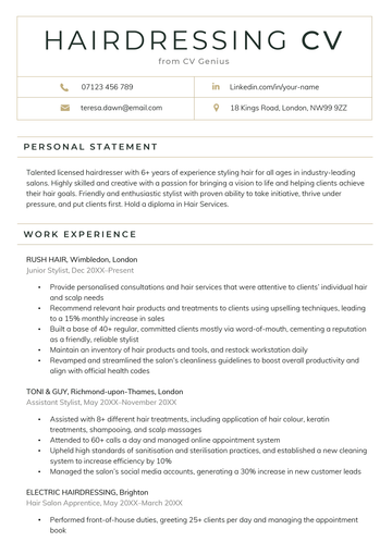 A hairdressing CV example