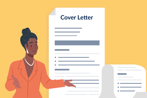 A woman points at a cover letter as if to tell you how long a cover letter should be.
