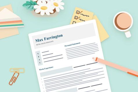 A CV on a green table surrounded by a pen, a coffee mug, and a plant, and various other supplies, demonstrating how to write a CV.