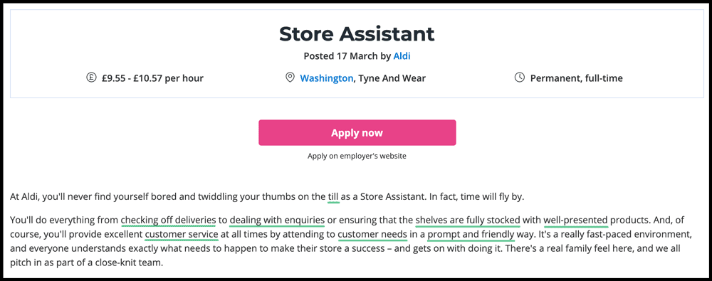 Example job advert with CV skills underlined.