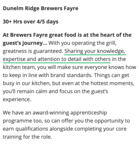 The phrase highlighted in green is used in the cover letter extract below. Example of a job advert with required skills highlighted.
