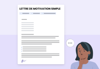 une illustration d'une femme aux cheveux courts réfléchissant à un exemple d'une lettre de motivation simple