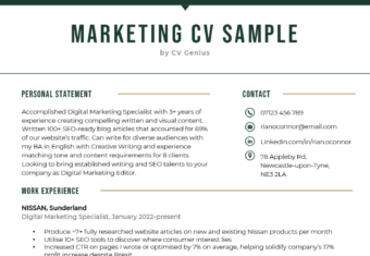 Marketing CV example for Microsoft Word that can be downloaded for free.