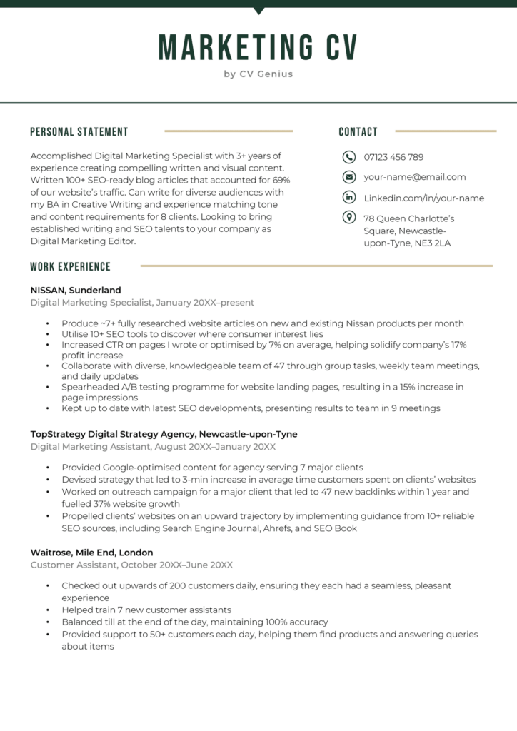 marketing personal statement cv