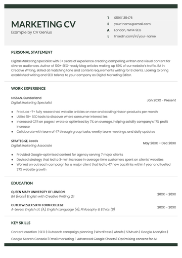 Marketing CV example for Microsoft Word that can be downloaded for free.
