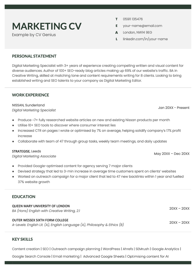 Marketing CV example for Microsoft Word that can be downloaded for free.