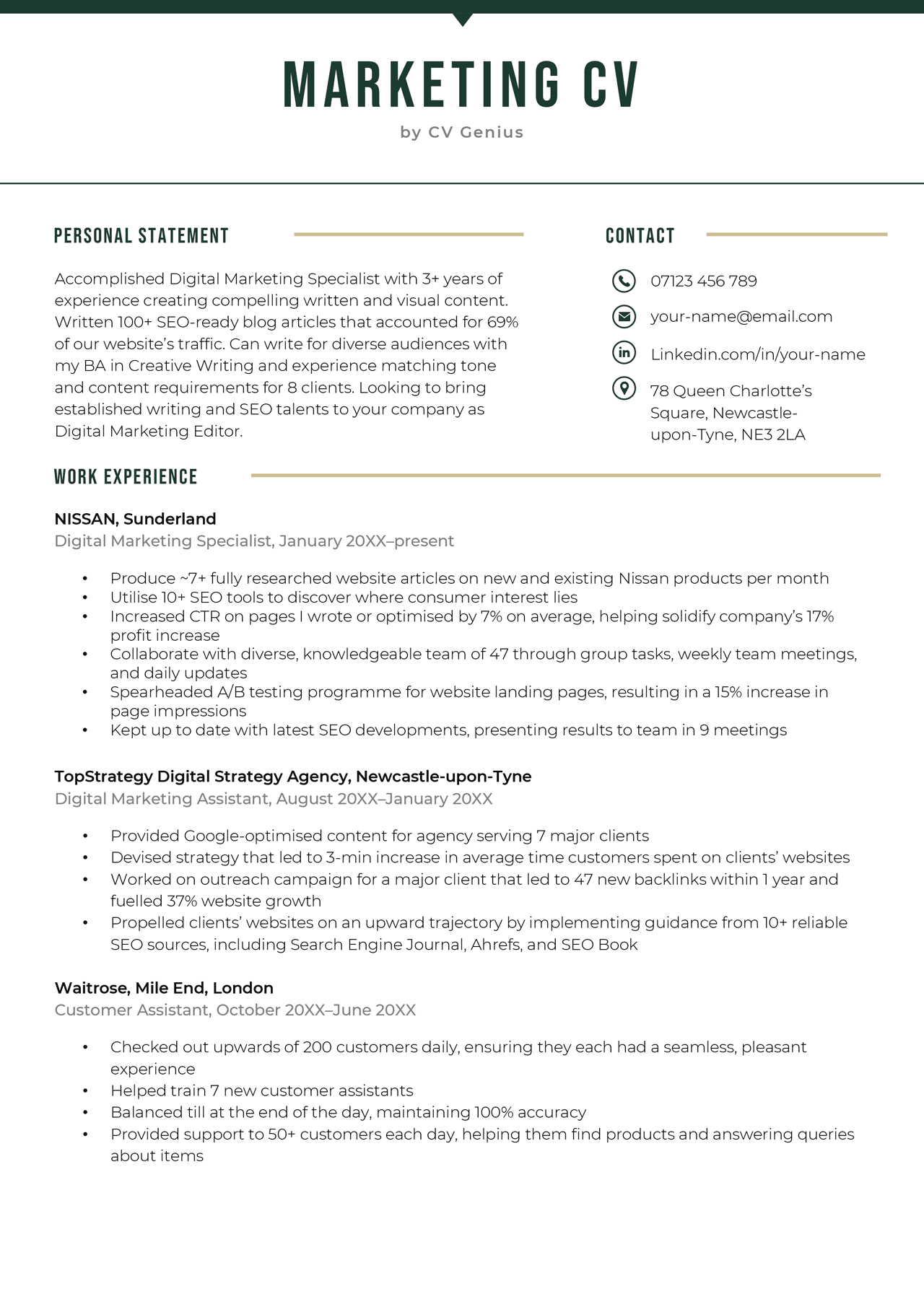 Marketing CV example for Microsoft Word that can be downloaded for free.