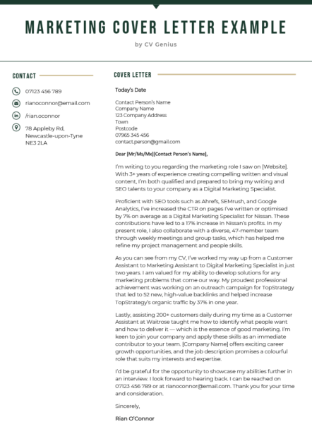A marketing cover letter in a green-themed template.