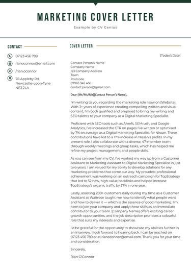 A marketing cover letter in a green-themed template.