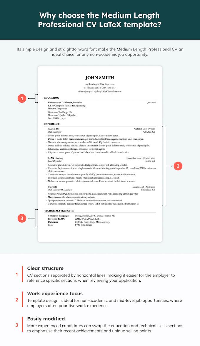 A clean, simply formatted LaTex CV template, featuring bullet points that indicate key features.