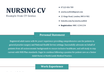 An image of the first page of a nursing CV example in a blue-green template.