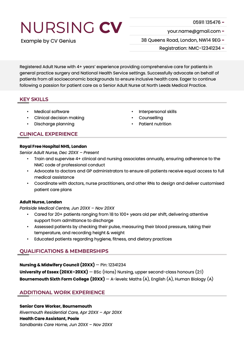 An image of the first page of a nursing CV example in a blue-green template.
