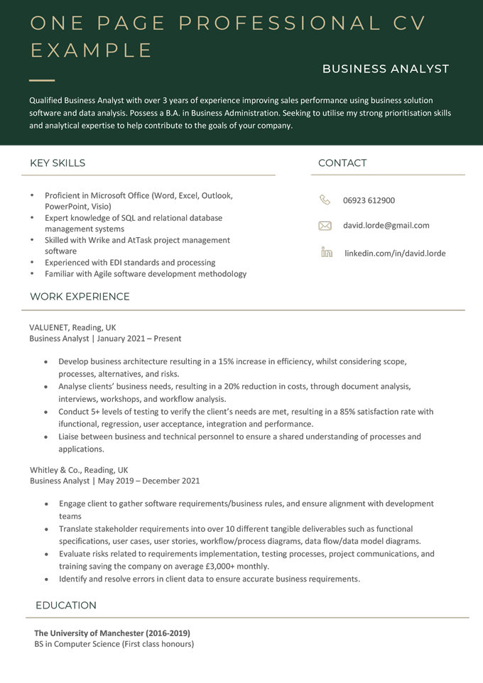 example of a one page CV for entry-level professionals