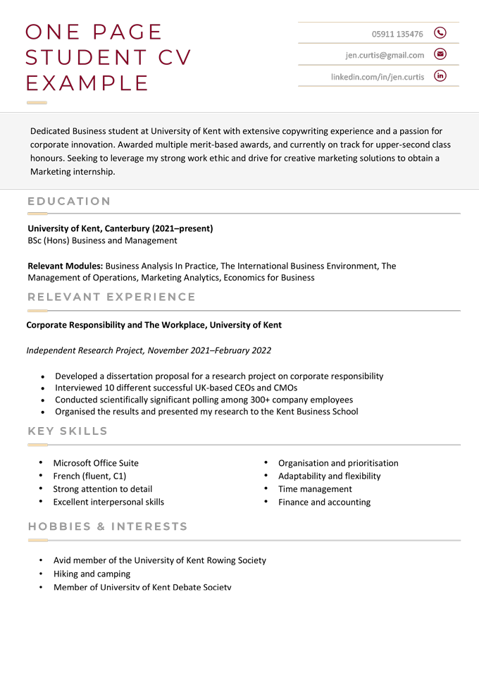 example of a one page CV for student job seekers