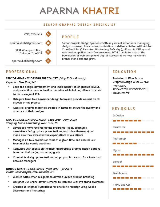 A professional CV design example with an orange colour scheme