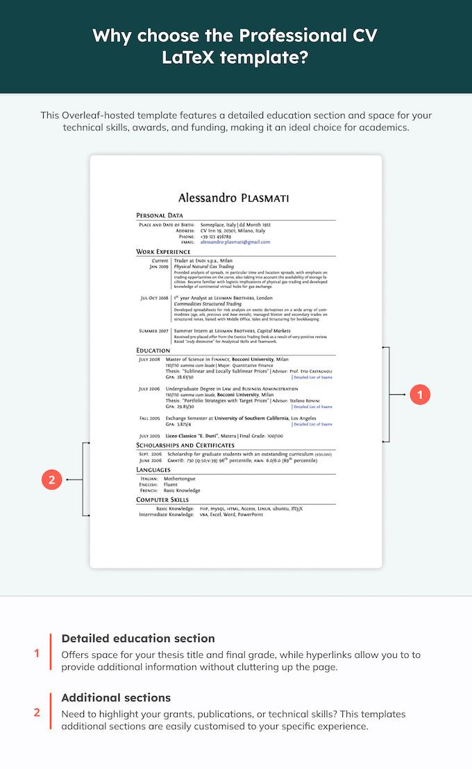 A formal CV template with annotations showing some of its key features.