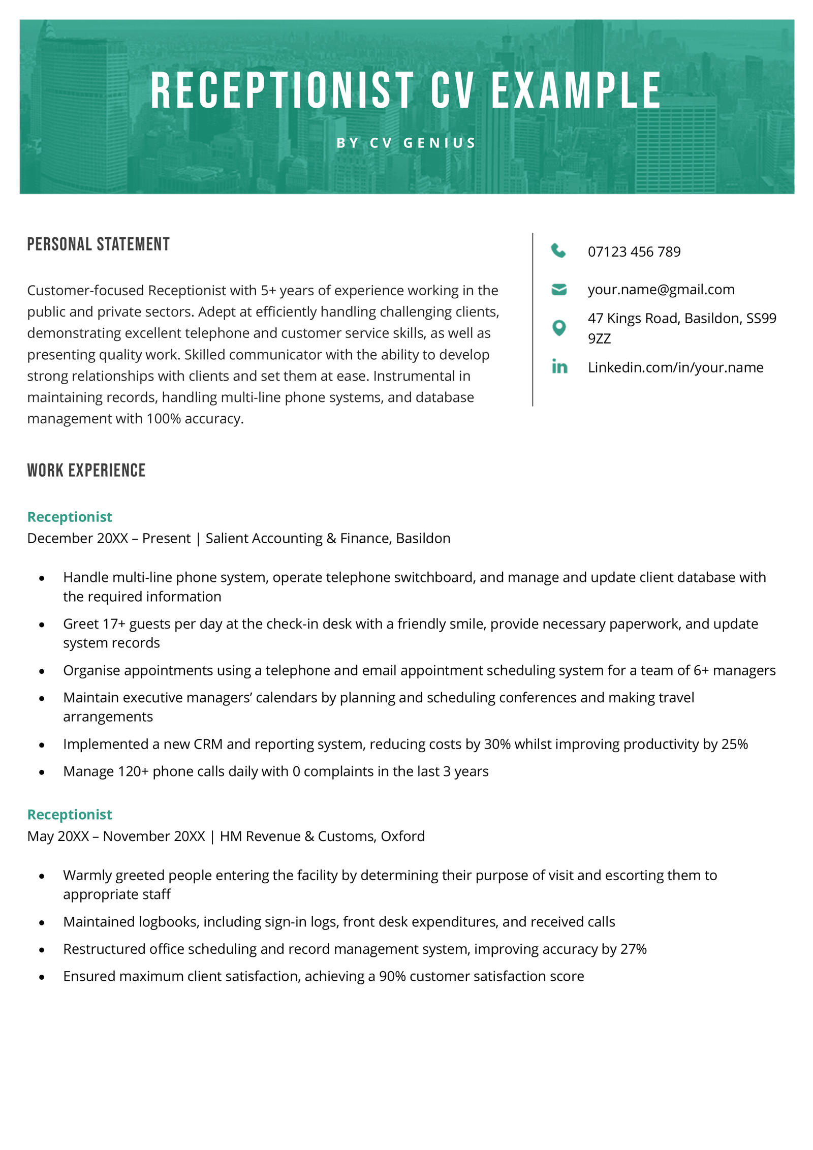 Example of a receptionist CV.