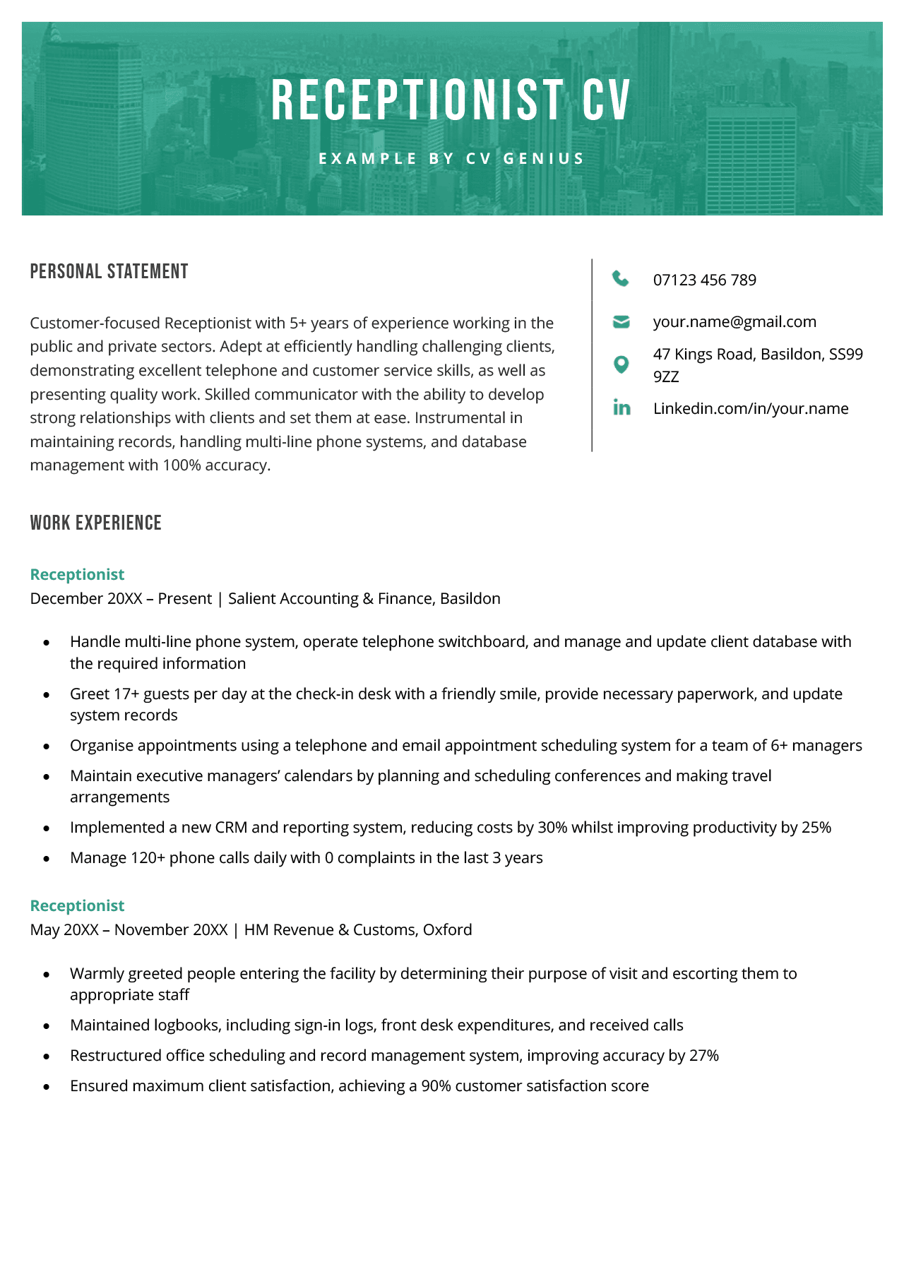 cv personal statement receptionist