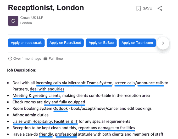 Example of a receptionist CV job description with important keywords underlined in blue