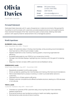 The dark blue version of the Refined CV Template with a large header in a serif font, and a personal statement and work experience section separated by a double horizontal line.