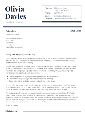 The Refined cover letter template in dark blue.