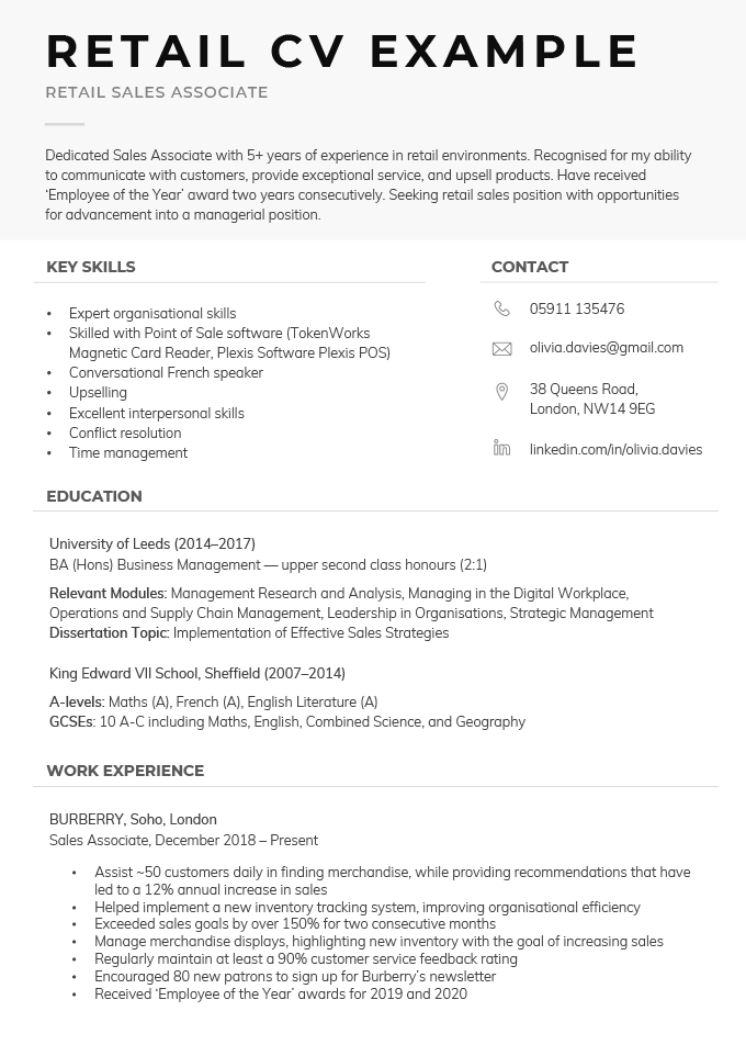 personal statement for cv example for retail