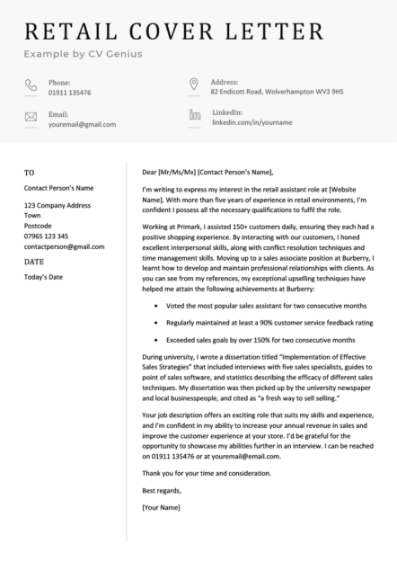 An example of a professional cover letter with the header set against a grey background and several paragraphs outlining the candidate's suitability for the job.