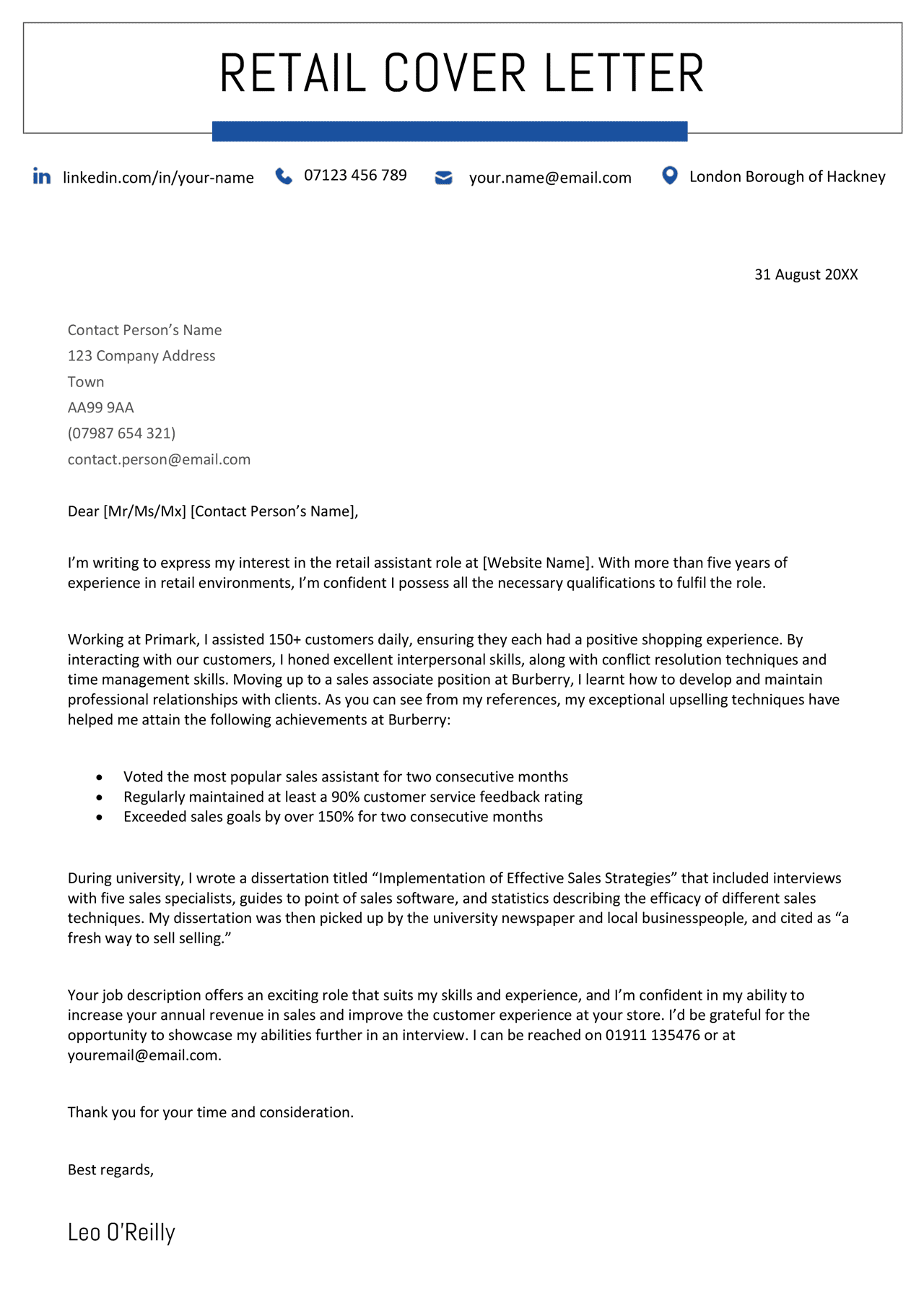 An example of a professional cover letter with the header set against a grey background and several paragraphs outlining the candidate's suitability for the job.