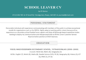 A school leaver CV example on a template with a blue header to accentuate the applicant's name and contact information