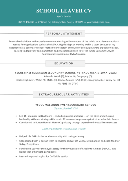 A school leaver CV example on a template with a blue header to accentuate the applicant's name and contact information.