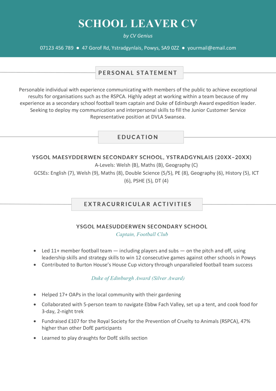 A school leaver CV example on a template with a blue header to accentuate the applicant's name and contact information.
