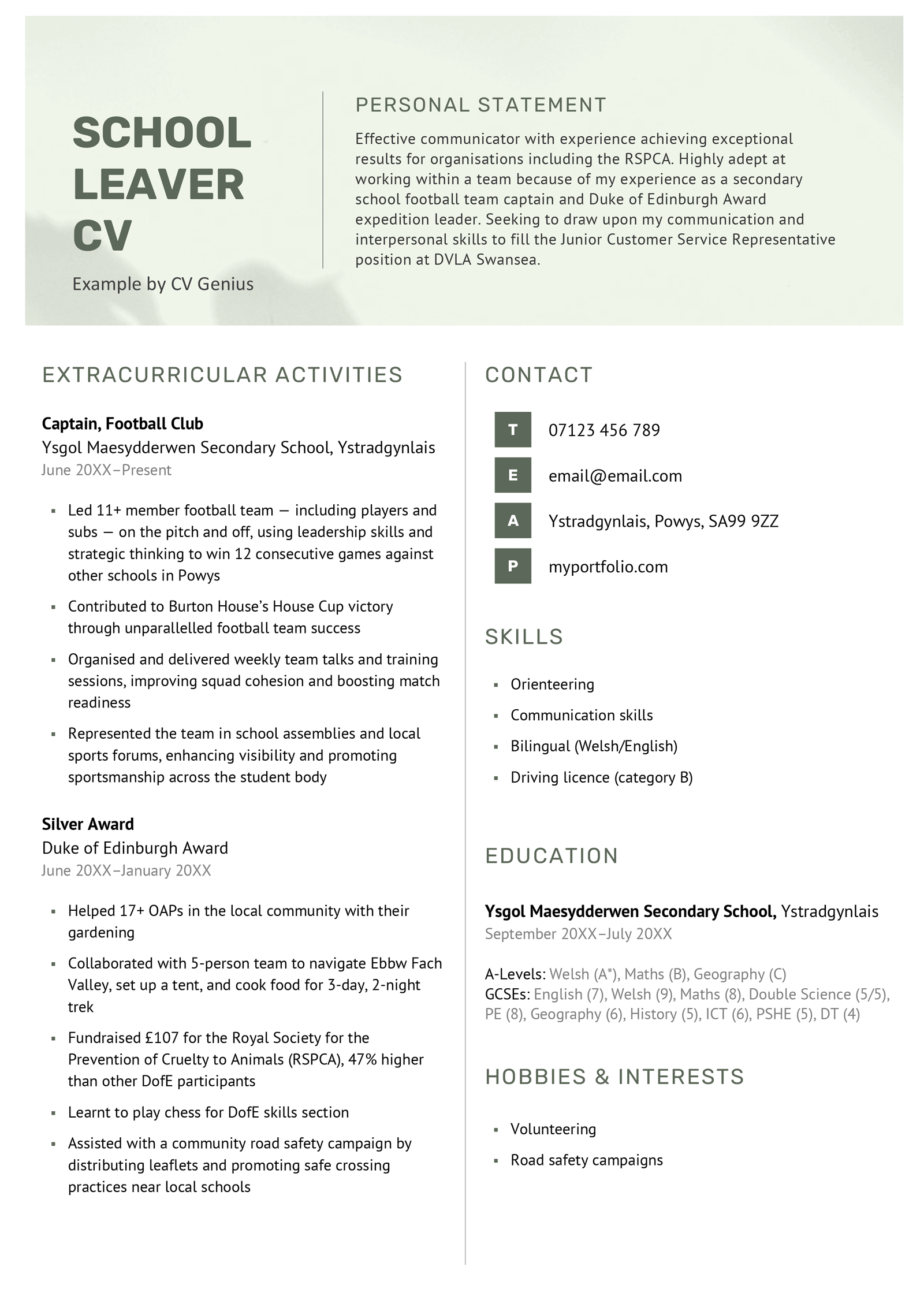 A school leaver CV example on a template with a blue header to accentuate the applicant's name and contact information.