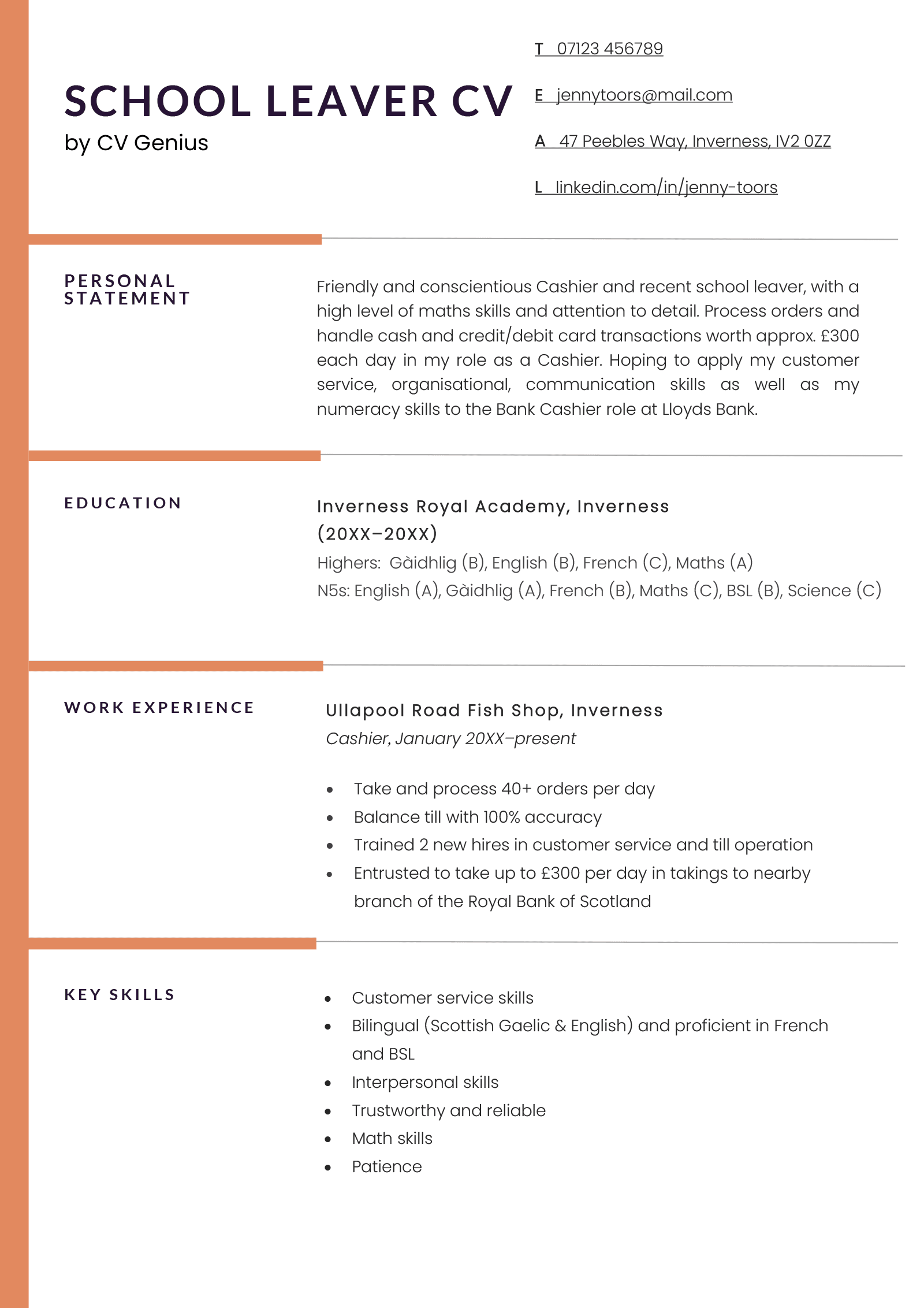 A school leaver CV example on a template with left-aligned orange lines to divide each CV header.