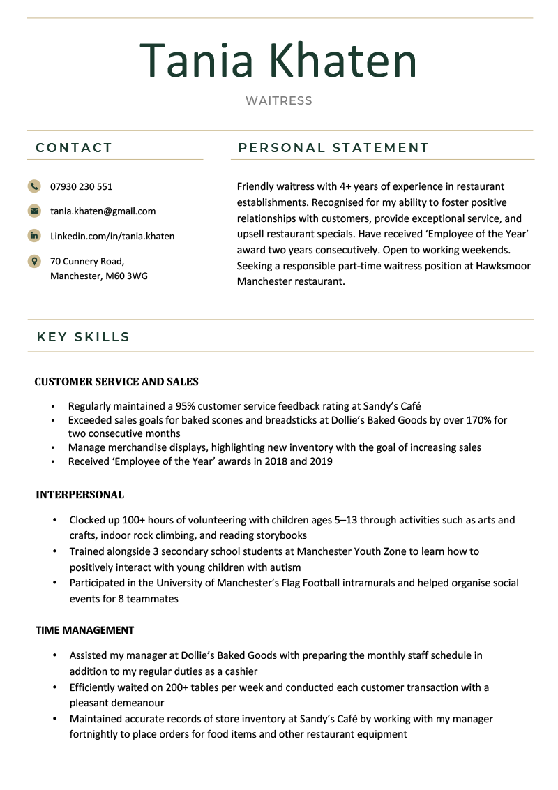 The first page of a waitress skills based CV example using a creative CV template in green