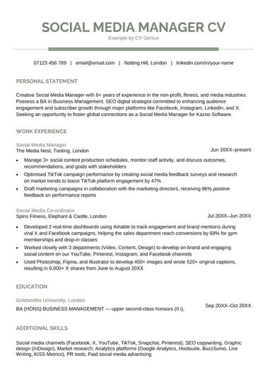 Social media manager CV example